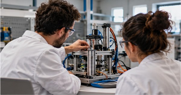 Investigadora trabaja junto a un equipo industrial en un laboratorio