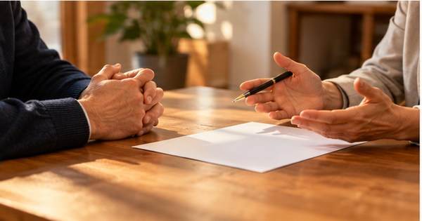 Dos personas revisan documentación de contratación en una pequeña empresa