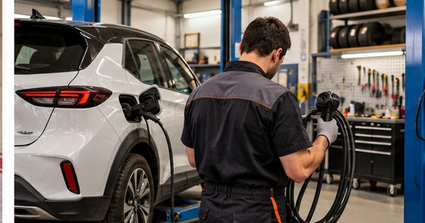 Técnico de un pequeño taller revisa el cable de carga de un coche eléctrico