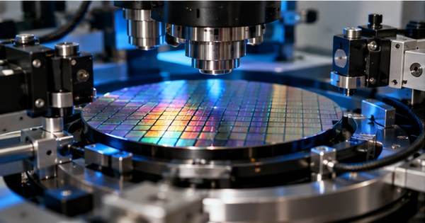 Oblea de semiconductores bajo instrumentos de precisión en un laboratorio tecnológico