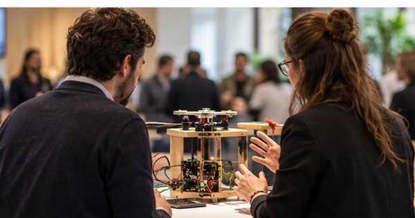 Fundadores de pequeñas empresas conversan ante un prototipo durante un encuentro de innovación