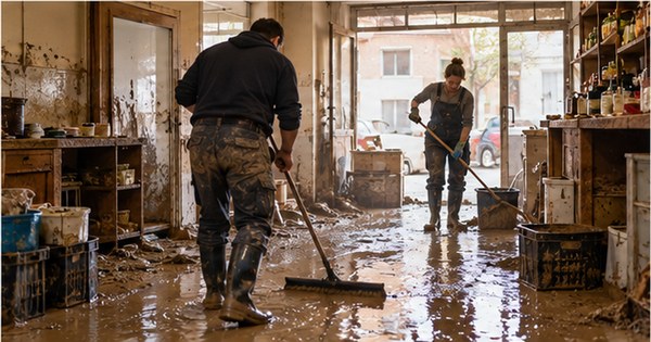 Pequeño comercio afectado por una inundación mientras se retiran el barro y los enseres
