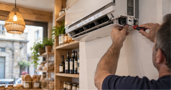 Técnico anónimo instala una unidad interior de climatización en un pequeño local comercial