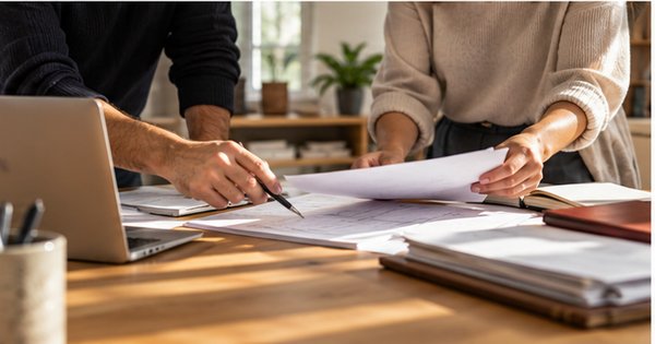 Dos personas anónimas revisan documentación de una pequeña empresa en una mesa de trabajo