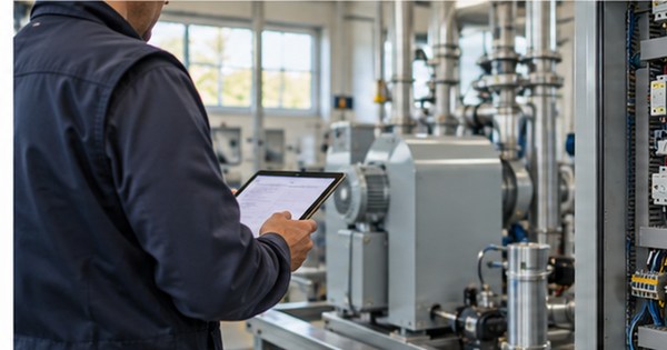 Técnico industrial revisa equipos y controles de eficiencia energética en una planta de producción