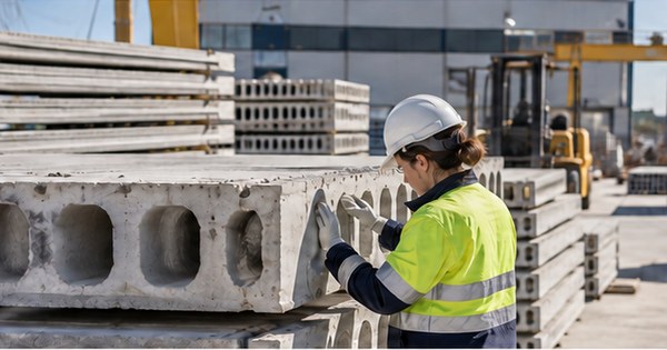 Operaria anónima inspecciona elementos prefabricados de hormigón en una planta