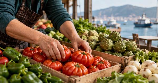 Manos de una comerciante preparando verduras en un puesto de mercado de Vigo