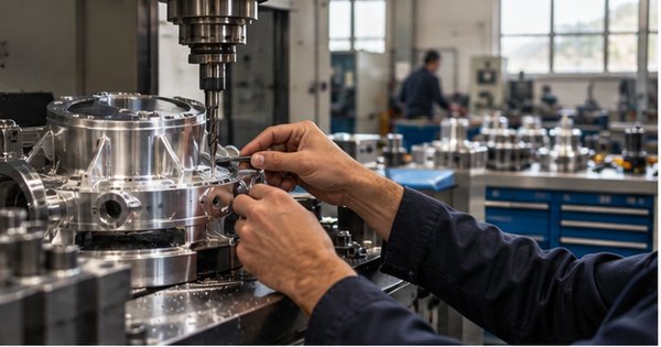 Manos anónimas trabajan una pieza metálica en un pequeño taller industrial gallego